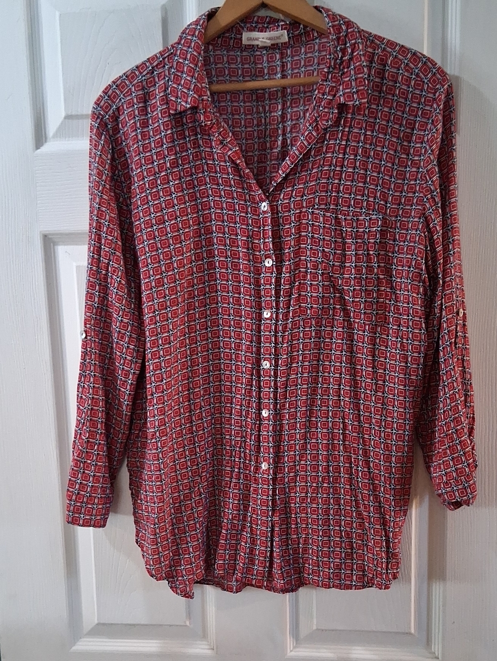 grand & greene Red Geometric Button-Down Blouse 3/4 Sleeve